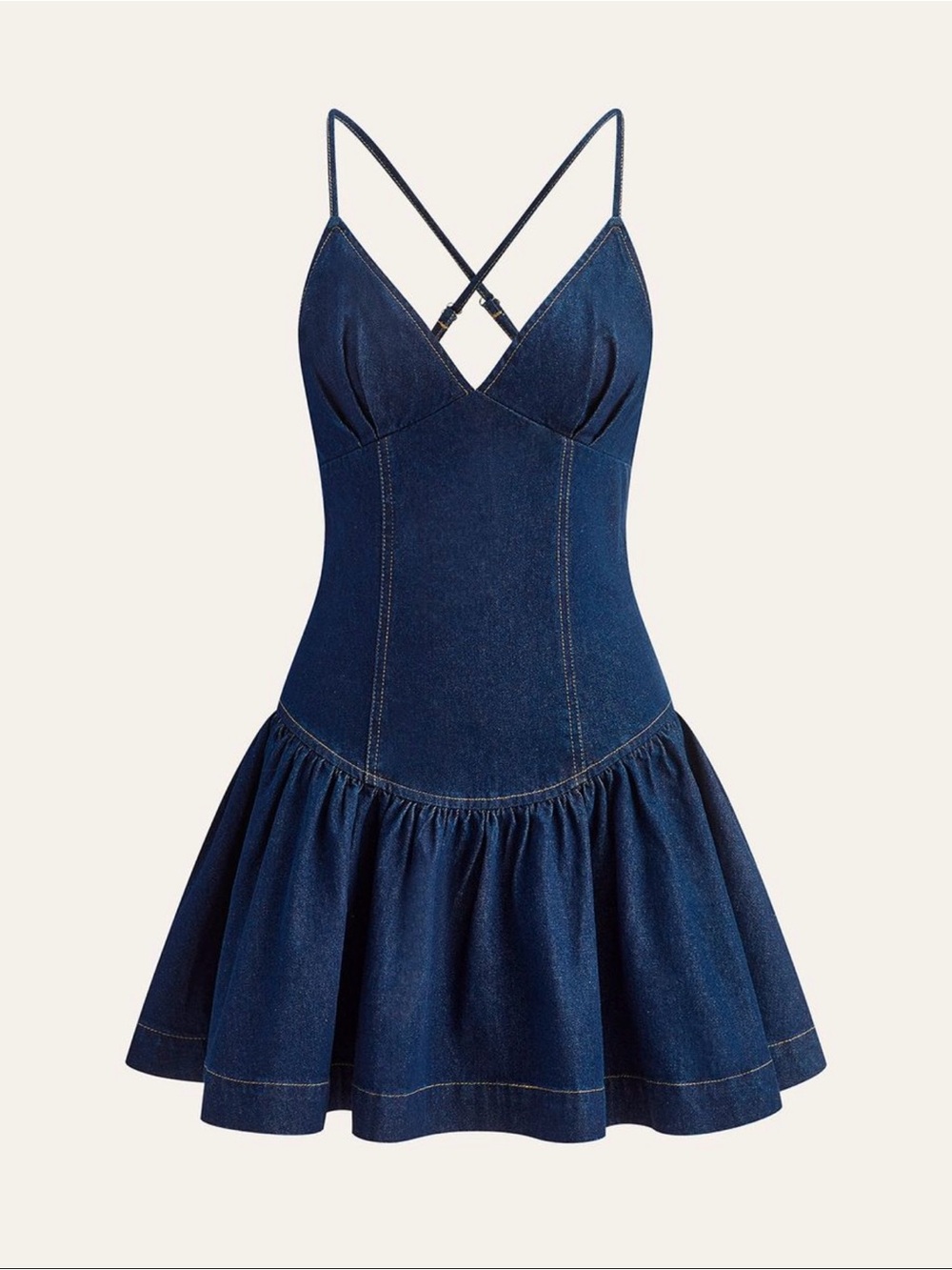 Commense Navy Blue Denim Mini Dress with Crisscross Straps